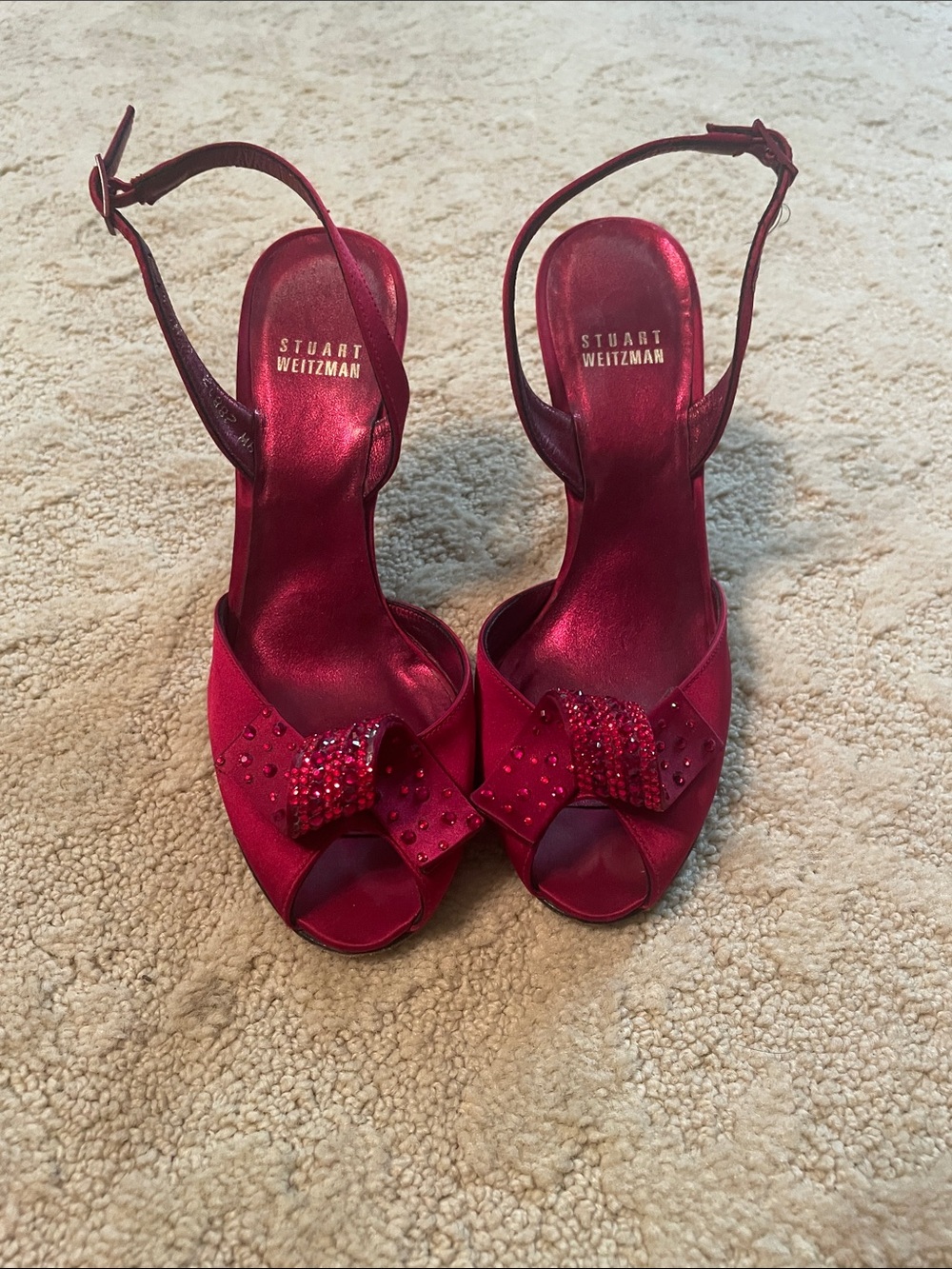 ❤️Stuart Weitzman Red Satin Bow Slingback Heels with Crystal Accents❤️